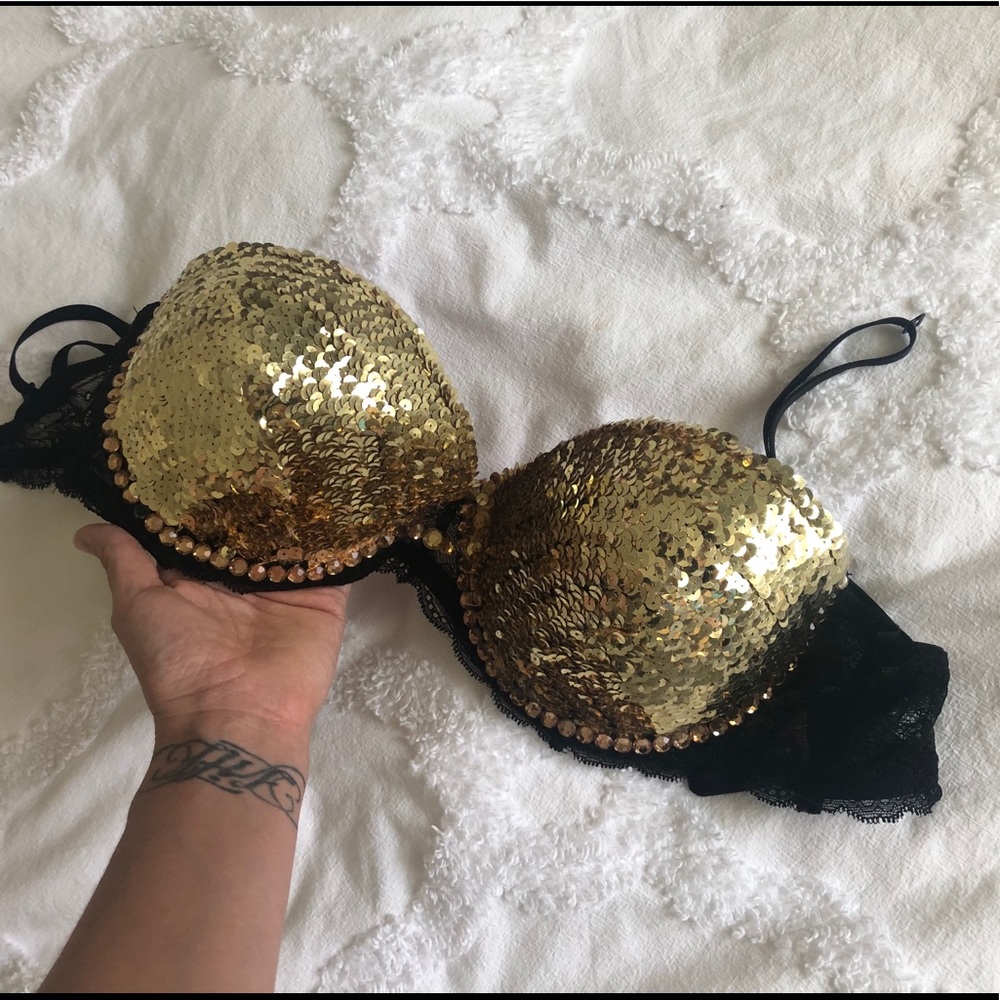 Gold Sequinned Bra - 34DD - removable straps